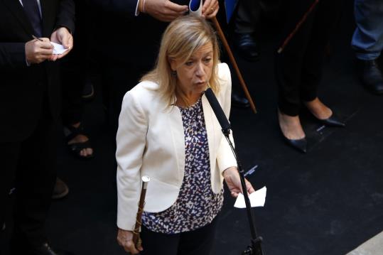 La presidenta de l’AMI, Neus Lloveras, durant el seu discurs al Pati dels Carruatges del Palau de la Generalitat, aquest dissabte al matí. ACN