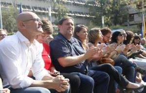 Oriol Junqueras, Raül Romeva, Anna Simó, i Meritxell Serret, al míting d'ERC a Vilafranca. ACN