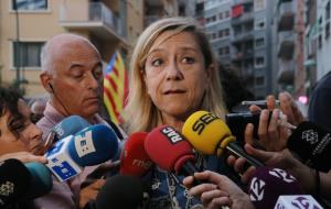 Primer pla de la presidenta de l'AMI, Neus Lloveras, atenent els mitjans