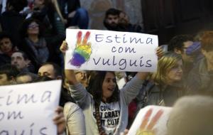 Una noia sosté una pancarta on es pot llegir 'Estima com vulguis', durant la concentració de suport als joves agredits de Berga per homofòbia. ACN