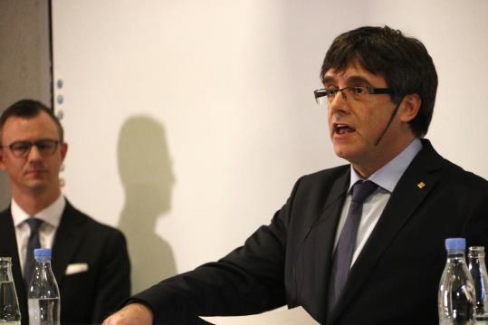 Carles Puigdemont, intervenint al debat sobre Catalunya de la Universitat de Copenhaguen, el 22 de gener de 2018. ACN