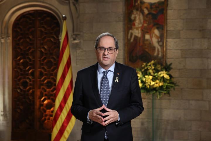 El president de la Generalitat, Quim Torra, durant el discurs de Cap d'Any, al Palau de la Generalitat. Jordi Bedmar