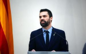 El president del Parlament, Roger Torrent, intervé en l'acte posterior a la segona sessió d'investidura -suspesa- de Turull, el 24 de març del 2018. A