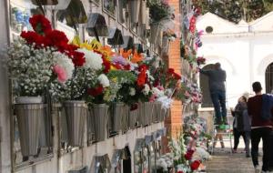 Nínxols carregats de flors i un home, al fons, dipositant un ram, al cementiri de Valls, durant la festivitat de Tots Sants. ACN