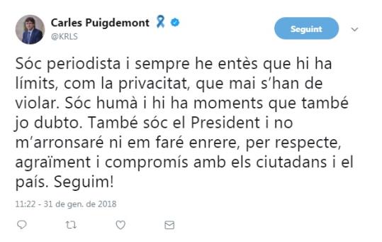 Piulada del president Carles Puigdemont com a reacció a la publicació de les seves converses amb el conseller cessat Toni Comín. ACN