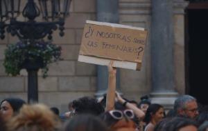 Pla detall d'un cartell que denuncien a la concentració de plaça Sant Jaume de Barcelona l'alliberament dels membres de 'la Manada'. ACN
