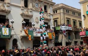 Pla general de la torre de 8 sense folre carregada pels Castellers de Vilafranca a la diada castellera de Sant Fèlix del 30 d'agost de 2018. ACN