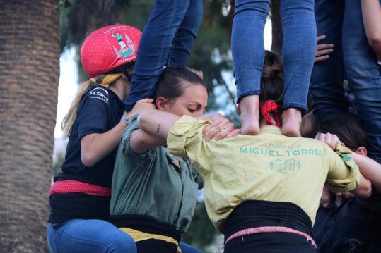 Pla tancat de diverses components dels Castellers de Vilafranca aixecant un castell en un assaig de la colla. ACN