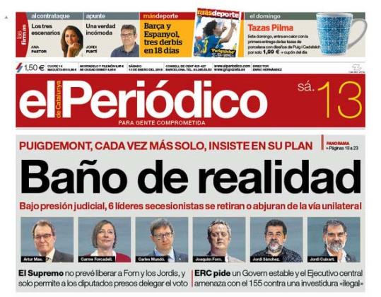 Portada de El Periodico de 13 de gener de 2018. Eix