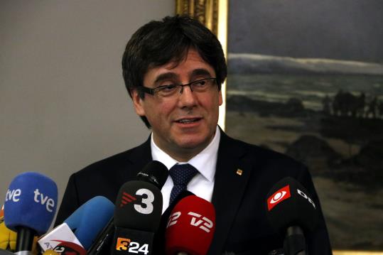 Primer pla de Carles Puigdemont, durant la compareixença davant els mitjans de comunicació al parlament danès, el 23 de gener de 2018. ACN