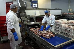 Dos treballadors processant carn a l'empresa Casademont aquest 27 de setembre del 2019. ACN