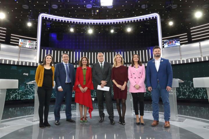 Irene Montero, Aitor Esteban, María Jesús Montero, Cayetana Álvarez de Toldo, Inés Arrimadas i Gabriel Rufián, al debat a sis de TVE. TVE