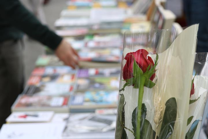Primer pla d'una rosa vermella amb els llibres d'una parada en segon pla al Passeig de Gràcia de Barcelona per Sant Jordi. ACN