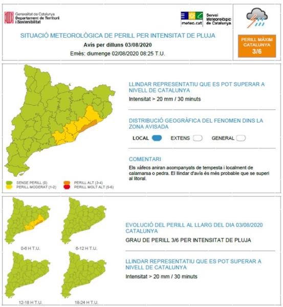 Alerta per pluges intenses durant la matinada de dilluns. EIX