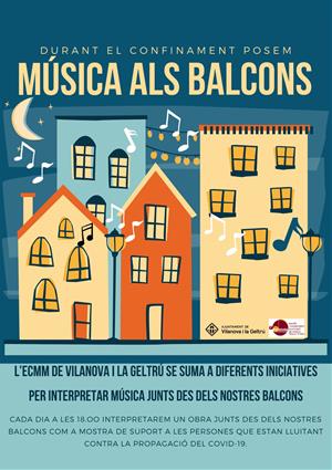 Alumnes i professors de l'escola municipal de música de Vilanova surten als balcons a tocar. EIX