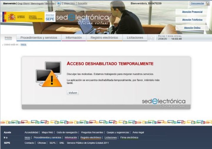 Captura de pantalla de la pàgina web del SEPE, temporalment fora de servei. EIX