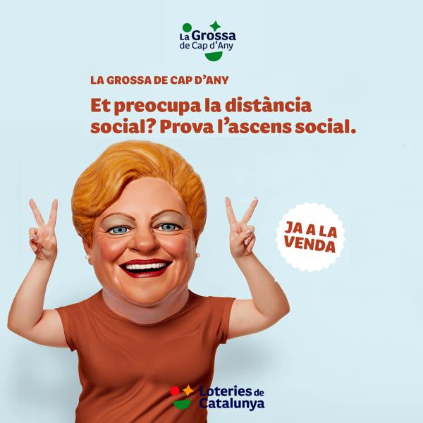 Cartell de la campanya que la Grossa de Catalunya ha retirat, on es vincula l'ascens social amb la compra de loteria. ACN