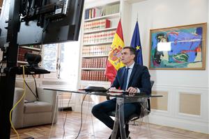 El president del govern espanyol, Pedro Sánchez, durant la reunió per videoconferència de la reunió interministerial pel coronavirus. ACN 