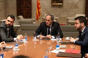 El president del Govern, Quim Torra, amb el vicepresident, Pere Aragonès i el president del Parlament, Roger Torrent. ACN / Bernat Vilaró