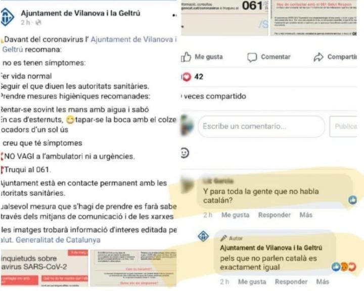 Es fa viral la resposta de l'Ajuntament de Vilanova a Facebook per un dubte sobre el coronavirus. EIX