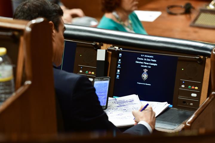 Pedro Sánchez, prenent apunts durant el debat d'investidura al Congrés dels . ACN / Jordi Vidal