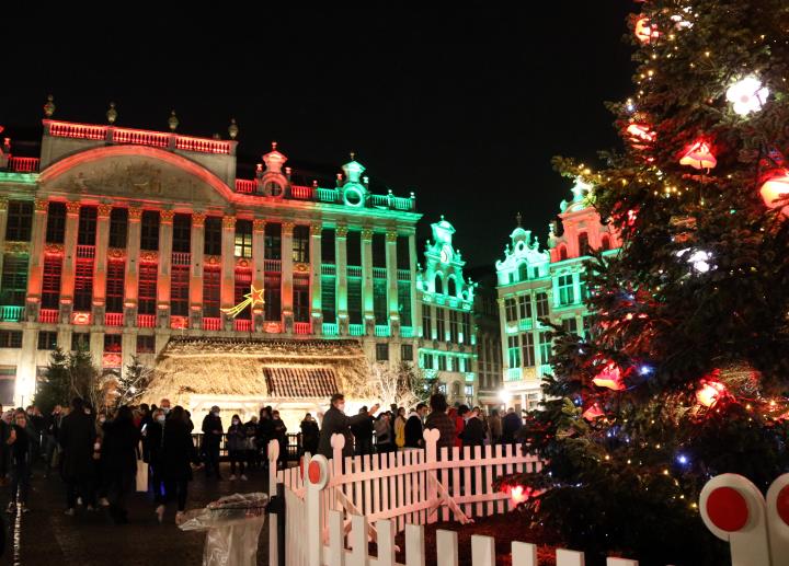 Pla general de la decoració nadalenca de la Grand Place de Brussel·les amb l'arbre en primer pla i el pessebre de fons. ACN