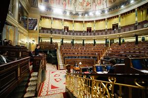 Pla general del president del govern espanyol, Pedro Sánchez, durant el debat de la sisena pròrroga de l'estat d'alarma. Congrés dels Diputats