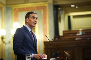 Pla mitjà del president del govern espanyol, Pedro Sánchez, durant la compareixença al Congrés sobre l'estat d'alarma, el 16 de desembre del 2020. Con