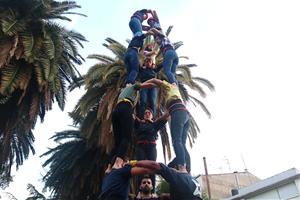 Pla obert contrapicat d'un castell dels Castellers de Vilafranca en un assaig de la colla. Imatge del juny de 2018 . ACN/ Gemma Sánchez