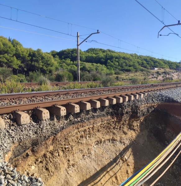 Pla obert de l'esvoranc en una via entre Sitges i Vilanova i la Geltrú. Imatge de l'11 d'octubre del 2020. ACN