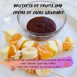 Recetas a fuego y verso: Canelons de carabassó i Brotxeta de fruita amb crema de cacau saludable