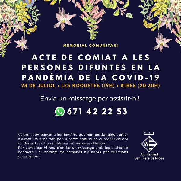 Sant Pere de Ribes celebrarà dos actes de comiat a les persones difuntes en la pandèmia de la covid-19. EIX