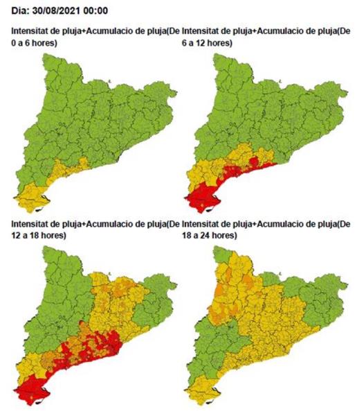 Alerta per la previsió de pluges intenses sobretot al litoral i prelitoral sud i central a partir d'aquesta nit. EIX