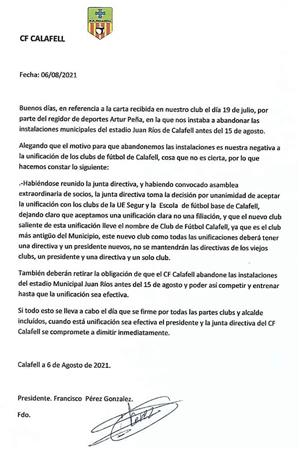 Carta del CF Calafell