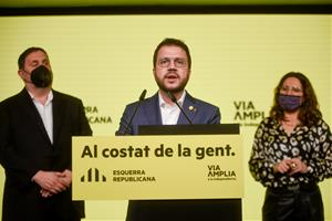 El cap de llista d'ERC a les eleccions al Parlament, Pere Aragonès, en roda de premsa. ERC