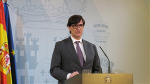 El ministre de Sanitat, Salvador Illa, compareixent en roda de premsa des de la Delegació del govern espanyol a Catalunya. Moncloa