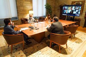 El president Aragonès i els consellers Argimon i Elena durant la reunió extraordinària de la comissió delegada en matèria de covid-19 per establir nov