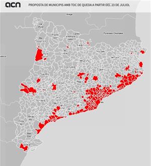 Mapa dels 165 municipis als que el Govern vol aplicar el toc de queda. Imatge elaborada el 20 de juliol del 2021. ACN
