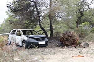 Pla obert del vehicle calcinat on ha aparegut una persona morta en un camí rural a tocar de la C-51, al terme del Vendrell. ACN