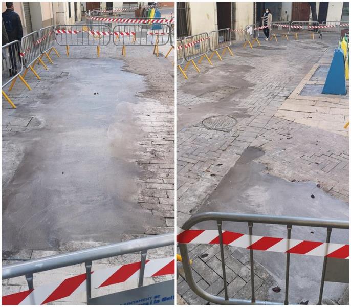 Reparen d'urgència el paviment de la plaça Llarga de Vilanova, que es renovarà a principis de 2022. Jordi Lleó
