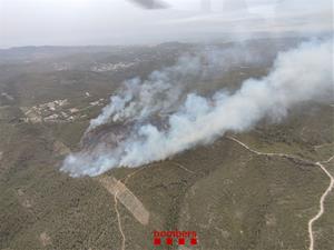 38 dotacions dels Bombers treballen a l'incendi de Sant Pere de Ribes, que afecta ja 20 hectàrees. Bombers