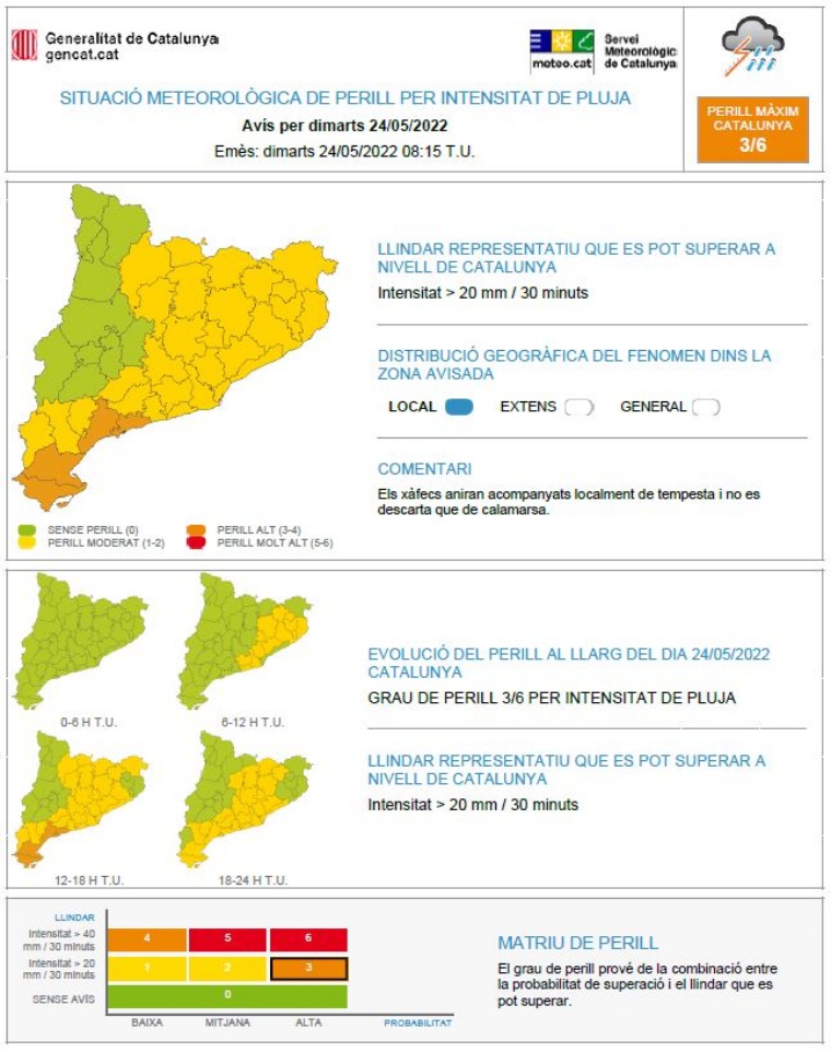 Activada l'alerta del pla Inuncat davant la previsió de pluges intenses que poden superar els 20 litres en mitja hora. EIX