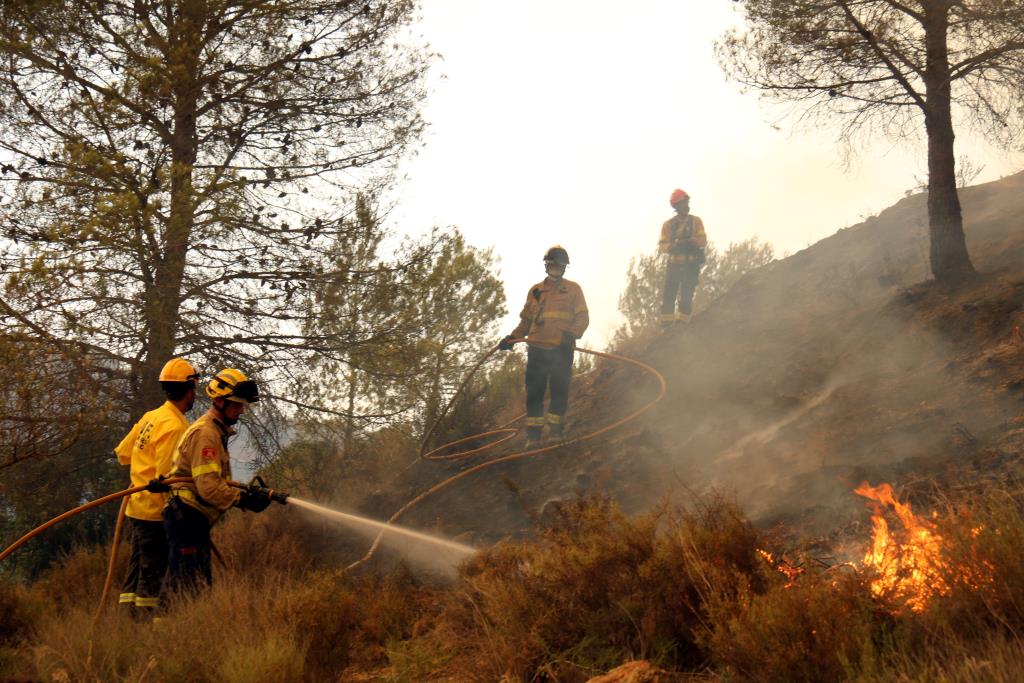 Bombers apaguen el foc a primera línia al Pont de Vilomara i Rocafort . ACN / Nia Escolà