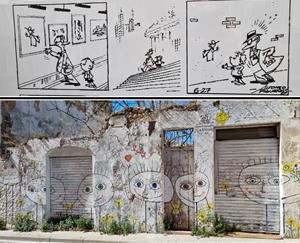A dalt, una tira de Figueras recreada per David Ricart Andreu. A baix, una paret pntada al carrer de les Sogues 25. Josep Maria Ràfols