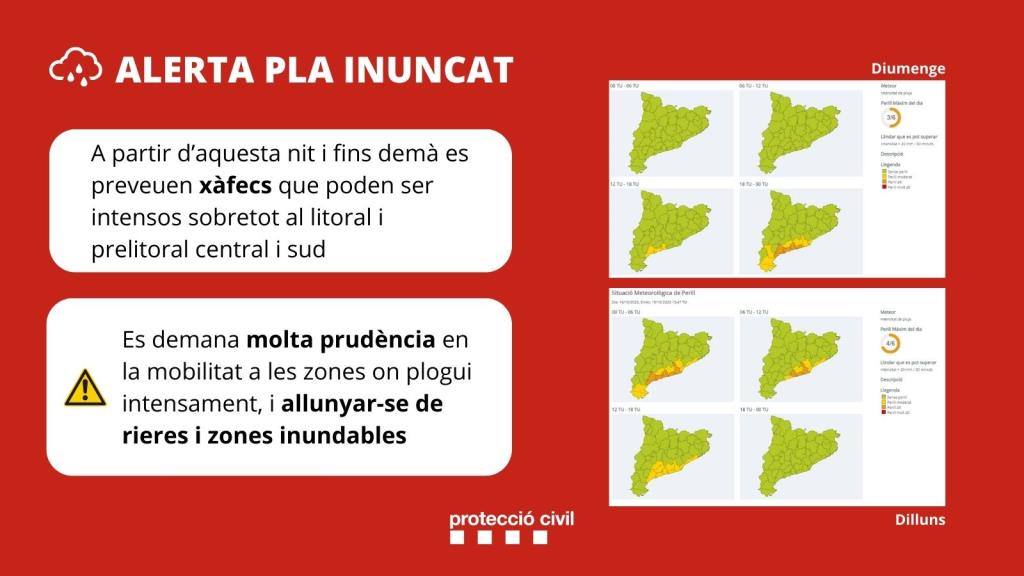 Alerta del pla Inuncat per la probabilitat de pluges intenses les properes hores. EIX