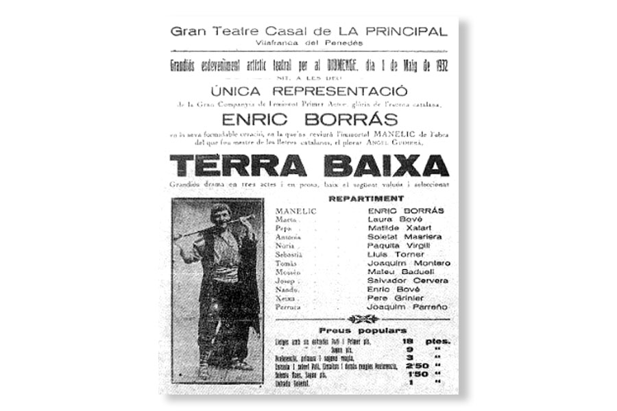 Cartell de la representació de Terra Baixa al Teatre Casal a l'any 1932. Eix