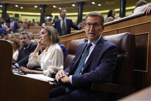 El líder del PP, Alberto Núñez Feijóo, assegut al seu escó al Congrés. ACN / Javier Barbancho