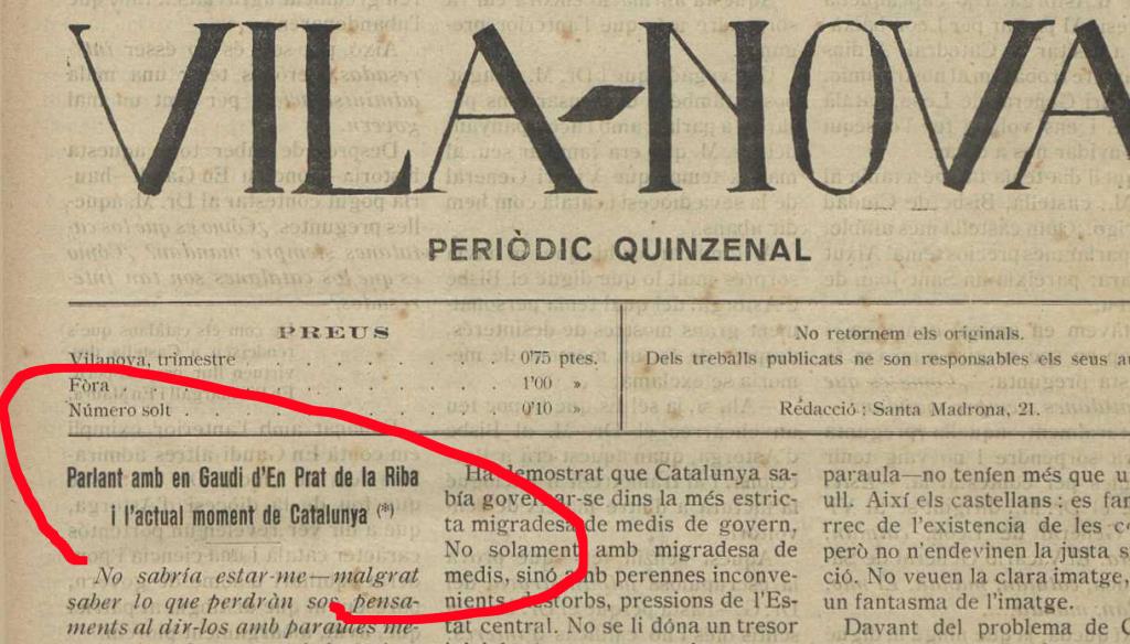 La portada de 'Vila-Nova', amb les declaracions d'Antoni Gaudí. Eix