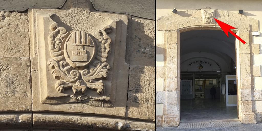 L'escut de la porta principal de l'edifici de les Casernes. Josep Maria Ràfols