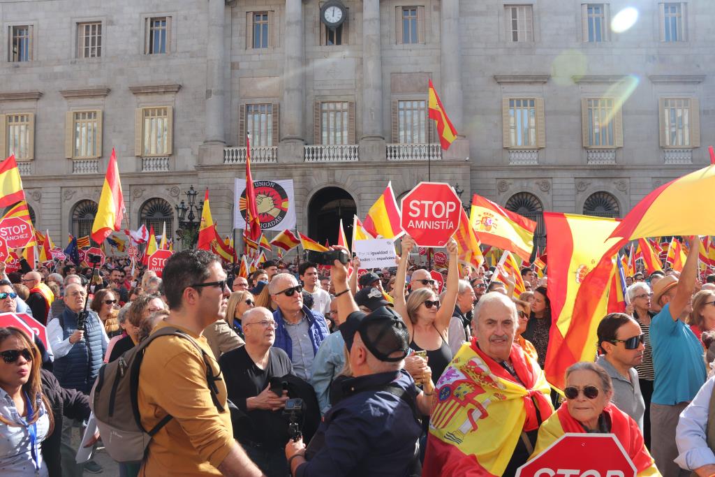 Manifestants contra l'amnistia es concentren a plaça Sant Jaume amb banderes espanyoles. ACN / Maria Asmarat